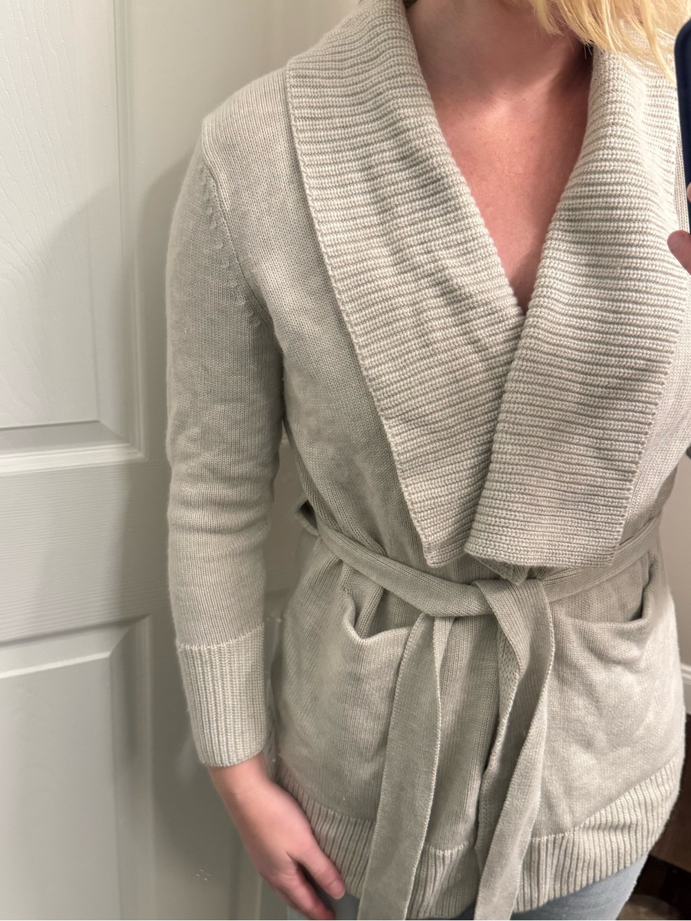 Banana Republic Light Cream Ribbed Shawl Collar Belted Cardigan XS Petite